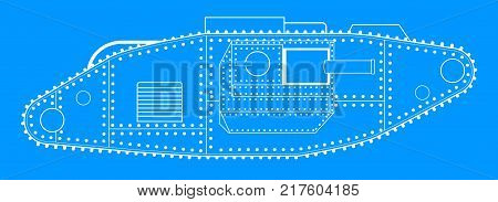 An early World War One tank blue print line drawing over a white background