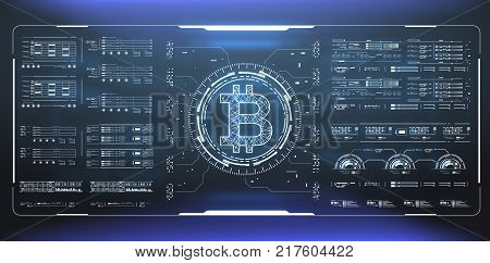 Bitcoin technology abstract visualization. Futuristic aesthetic design. Bitcoin background with HUD elements. Futuristic user interface ellements for web an app.