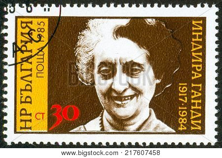 UKRAINE - circa 2017: A postage stamp printed in Bulgaria shows Indira Ghandi 1917 1984 Series First Anniversary of death Indira Ghandi circa 1985
