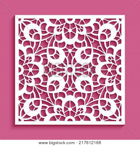 Decorative panel with lace pattern, square ornament for laser cutting or wood carving, cutout paper decorative element, elegant vector background for wedding invitation card