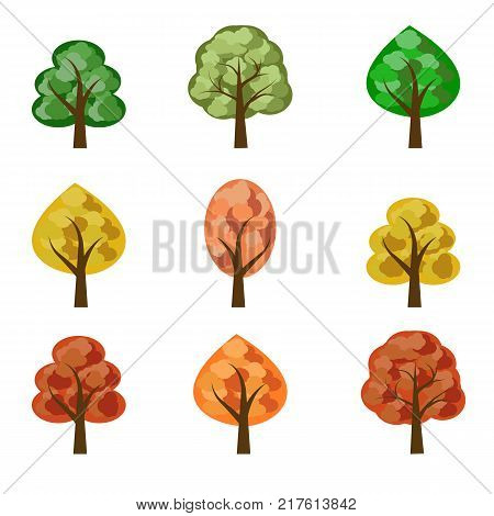 Set of seasoned trees. Flat cartoon style isolated objects to use as elements in landscape scene. Vector illustration