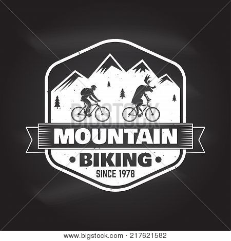 Mountain bike club. Vector illustration. Concept for shirt , print, stamp or tee. Vintage typography design with bike and mountain silhouette. Chalk drawing on a blackboard.