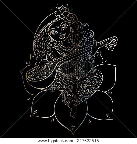 Hindu Goddess Saraswati. Vector hand drawn illustration.