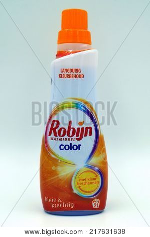 Amsterdam, The Netherlands-  December 10, 2017: Bottle of typical Dutch Laundry detergent, Robijn Color Small & Mighty.