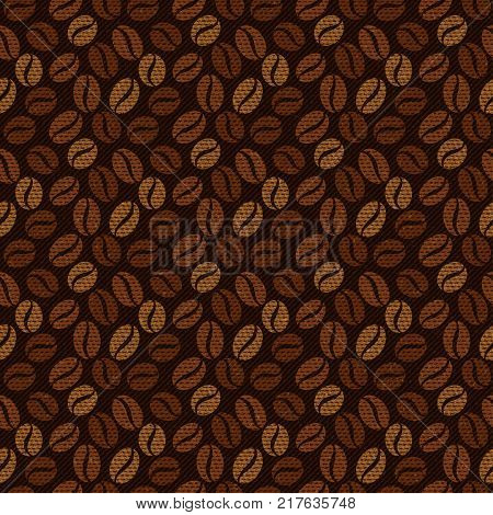 Coffee beans seamless background. Cotton sailcloth texture. Abstract rough sackcloth fabric with coffee. Brown linen canvas texture. Vector design.