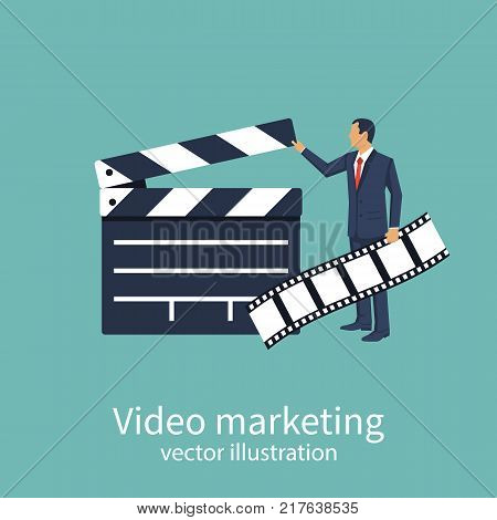 Movie clapper board. Video marketing concept. Film producer holds tape in hand. Open clapperboard. Cinematography. Template for the director's instructions, producer. Vector illustration flat design.
