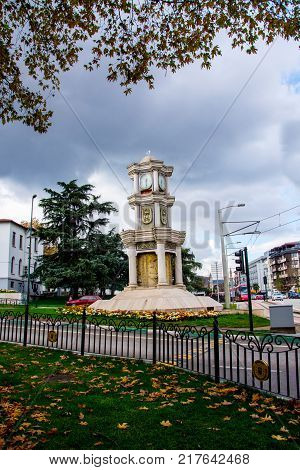 small clock tower located in street of Bursa Turkey