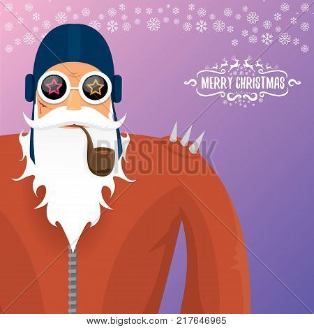 vector DJ rock n roll santa claus with smoking pipe, santa beard and funky santa hat isolated on violetred christmas square background with snowflakes. Christmas hipster party poster with snowflakes.