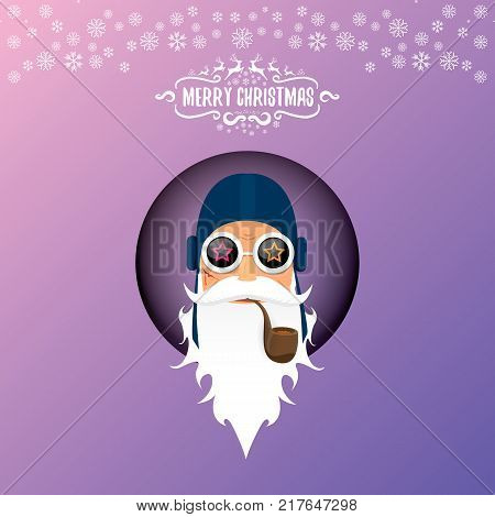 vector DJ rock n roll santa claus with smoking pipe, santa beard and funky santa hat isolated on violetred christmas square background with snowflakes. Christmas hipster party poster with snowflakes.