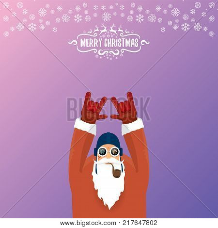 vector DJ rock n roll santa claus with smoking pipe, santa beard and funky santa hat isolated on violetred christmas square background with snowflakes. Christmas hipster party poster with snowflakes.