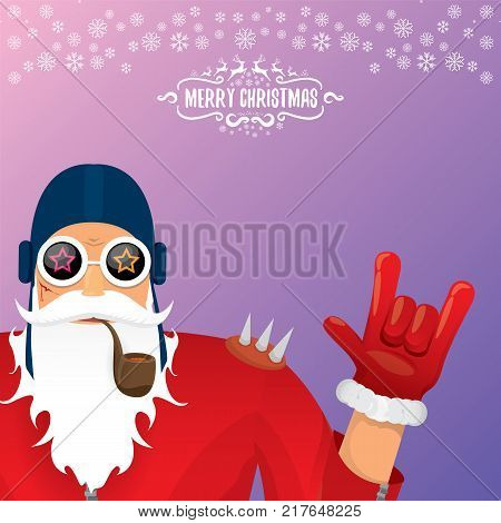 vector DJ rock n roll santa claus with smoking pipe, santa beard and funky santa hat isolated on violetred christmas square background with snowflakes. Christmas hipster party poster with snowflakes.