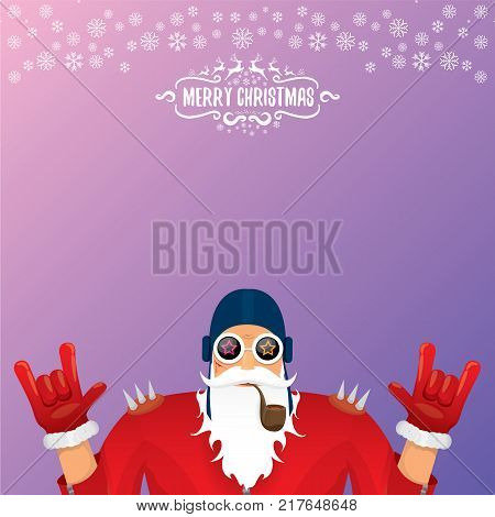 vector DJ rock n roll santa claus with smoking pipe, santa beard and funky santa hat isolated on violetred christmas square background with snowflakes. Christmas hipster party poster with snowflakes.