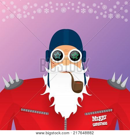 vector DJ rock n roll santa claus with smoking pipe, santa beard and funky santa hat isolated on violetred christmas square background with snowflakes. Christmas hipster party poster with snowflakes.