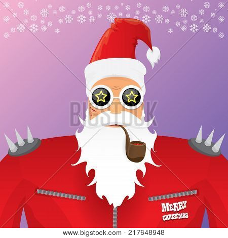 vector DJ rock n roll santa claus with smoking pipe, santa beard and funky santa hat isolated on violetred christmas square background with snowflakes. Christmas hipster party poster with snowflakes.