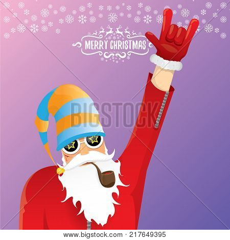 vector DJ rock n roll santa claus with smoking pipe, santa beard and funky santa hat isolated on violetred christmas square background with snowflakes. Christmas hipster party poster with snowflakes.