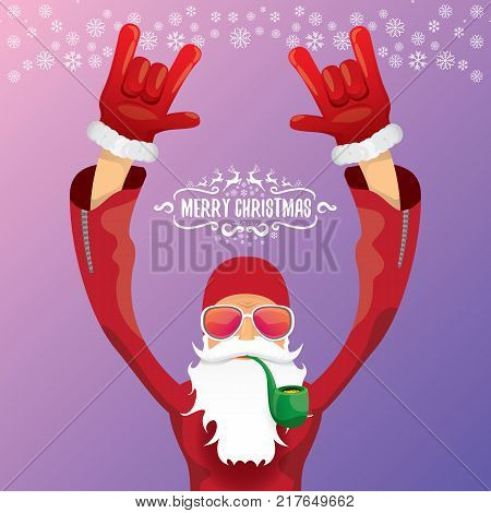 vector DJ rock n roll santa claus with smoking pipe, santa beard and funky santa hat isolated on violetred christmas square background with snowflakes. Christmas hipster party poster with snowflakes.