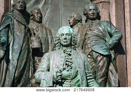 details on the Maria Theresa monument. Statue of Friedrich Wilhelm Graf von Haugwitz on the square between museums in Vienna Austria