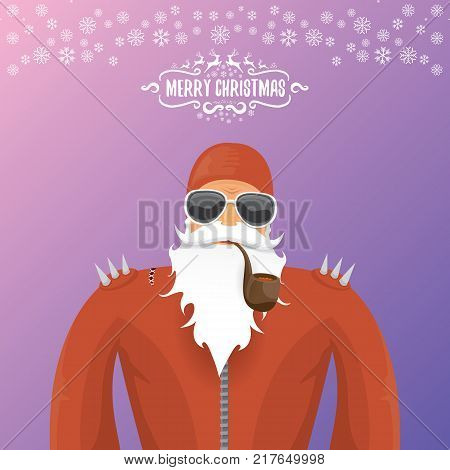 vector DJ rock n roll santa claus with smoking pipe, santa beard and funky santa hat isolated on violetred christmas square background with snowflakes. Christmas hipster party poster with snowflakes.
