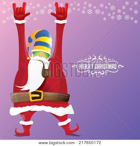 vector DJ rock n roll santa claus with smoking pipe, santa beard and funky santa hat isolated on violetred christmas square background with snowflakes. Christmas hipster party poster with snowflakes.