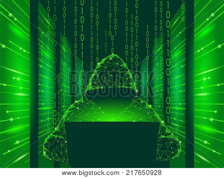 Internet security cyber attack business concept low poly. Anonymous hacker laptop computer blue finance danger. Server room rack polygonal point line dot geometric design vector illustration art