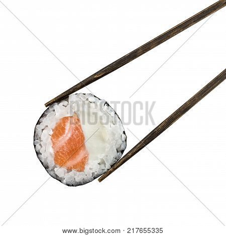 Sake cheese maki with chopstick sisolated on white background