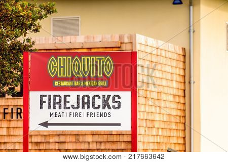 NORTHAMPTON, UK - 29 OCTOBER 2017: Day view shot of Chiquito andFirejacks Meat Fire Friends logo in Sixfields Retail park.