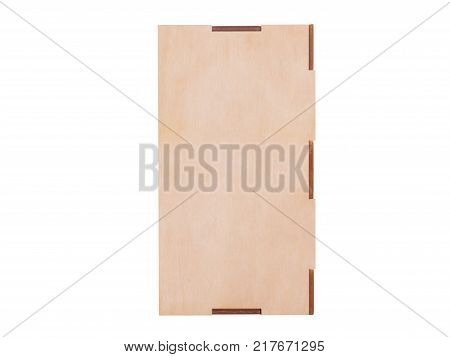 Wooden closed, square box, for children's geometric shapes, stands in a vertical position, isolated on a white background.