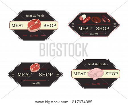 Meat Product Vector Logo And Brands. Beef, Pork, Lamb, Round Steak, Boneless Rump, Ribs, Loin And Ri