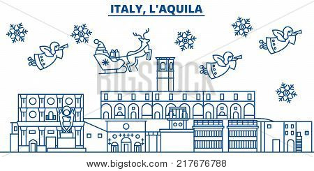 Italy, LAquila winter city skyline. Merry Christmas, Happy New Year decorated banner with Santa Claus.Winter greeting line card.Flat, outline vector. Linear christmas snow illustration