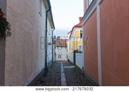 Vadstena Sweden- December 9th 2017: Street pictures of Vadstena town
