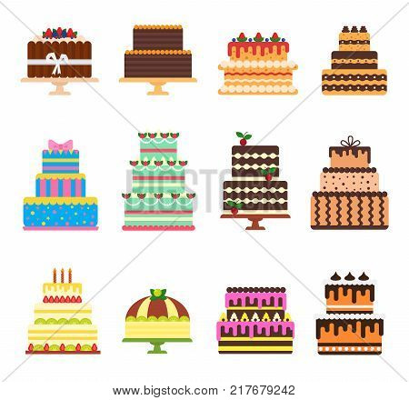 Birthday cake vector cheesecake cupcake for happy birth party baked chocolate cake and dessert from bakery set illustration isolated on white background.