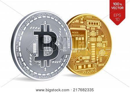 Bitcoin. 3D isometric Physical bit coin. Digital currency. Cryptocurrency. Golden and silver coins with bitcoin symbol isolated on white background. Stock vector illustration
