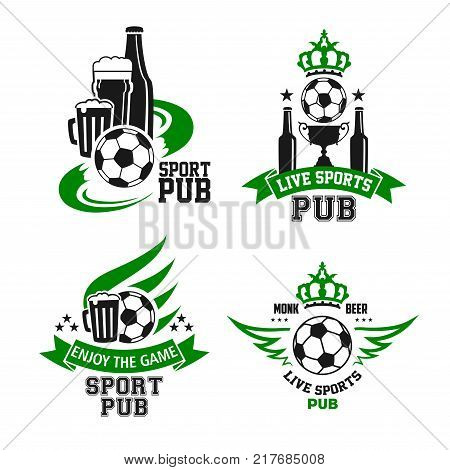 Soccer ball and beer symbol for football sport bar emblem template. Beer glass and ale mug with soccer ball, football champion trophy and winner cup, framed with wing, ribbon banner, star and crown