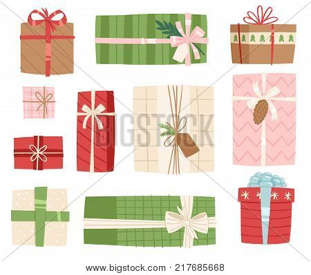 Gift box vector present packs Christmas or Birthday flat illustration celebration bow giftbox object isolated on background. Surprise elegance birthday present.