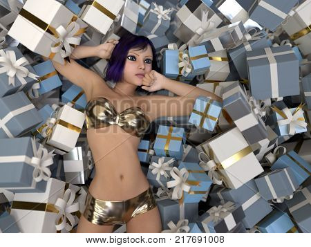woman relaxes on a gift boxes, 3d illustration