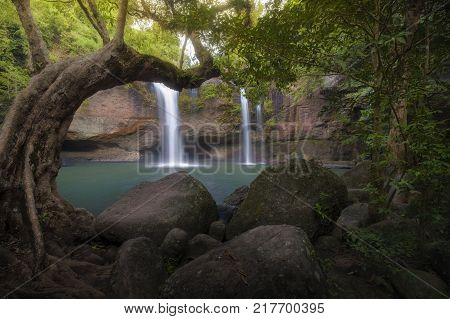 Haew Suwat Waterfall the beautiful rain forest waterfall in Khao Yai national park.