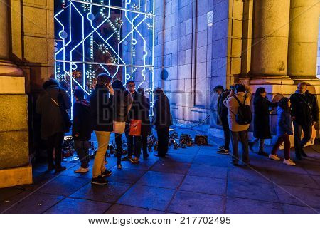 Madrid, Spain - December 8, 2017: Nativity scenes placed by anonymous people in Puerta de Alcala as the Mayor of Madrid, Manuela Carmena , has not allowed the traditional Nativity Scene