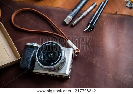 Mirrorless Vintage Camera With Leather Strap And Tool Of Hand Made