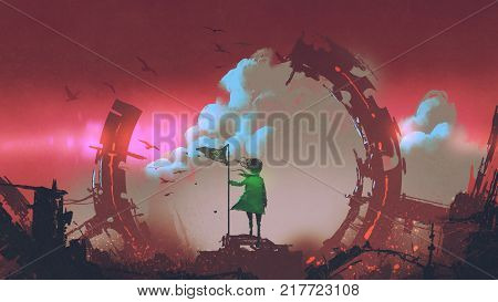 a girl with flag standing on ruins of city looking at clouds in the red sky, digital art style, illustration painting