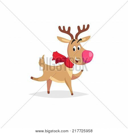 Cartoon dancing or running reindeer with scarf and big red nose. Vector Christmas illustration for greeting card and invitations.