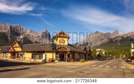 CANMORE, ALBERTA, CANADA - JUNE 26, 2017 : On the streets of Canmore in canadian Rocky Mountains. Canmore is located in the Bow Valley near Banff National Park and is a popular tourist destination.