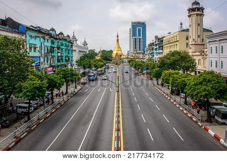downtown area of Yangon, Sule Pagoda Road, Myanmar, may-2017