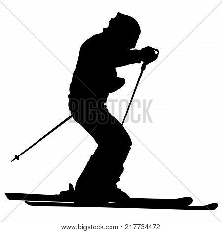 Mountain skier speeding down slope. Vector sport silhouette.