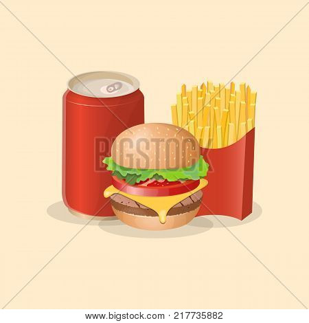 Burger, french fries and soda in a tin can - cute cartoon colored picture. Graphic design elements for menu, poster, brochure. Vector illustration of fast food for bistro, snackbar, cafe or restaurant