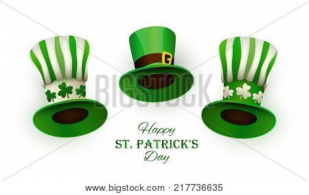 St. Patrick's Day. Three traditional leprechaun hats and congratulation text. Set of objects for festive design. Vector illustration.