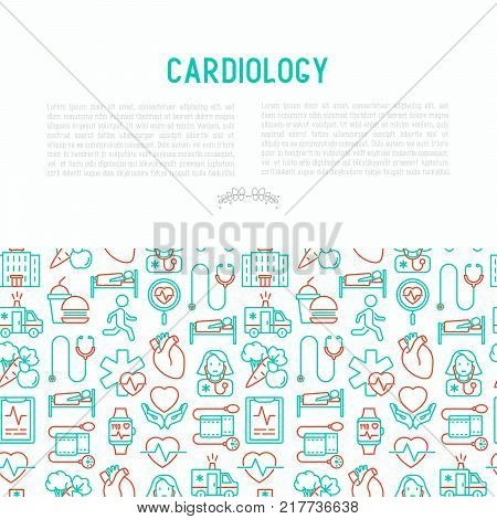 Cardiology concept with thin line icons set: cardiologist, stethoscope, hospital, pulsometer, cardiogram, heartbeat. Modern vector illustration for banner, web page, print media.