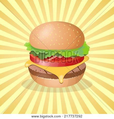 Hamburger - cute cartoon colored picture. Graphic design elements for menu, packaging, advertising, poster, brochure. Vector illustration of fast food for bistro, snackbar, cafe or restaurant