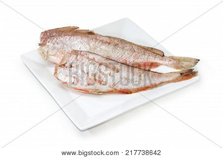 Two carcasses of uncooked red cod without heads and purified from fish scale on the large square white dish on a white background
