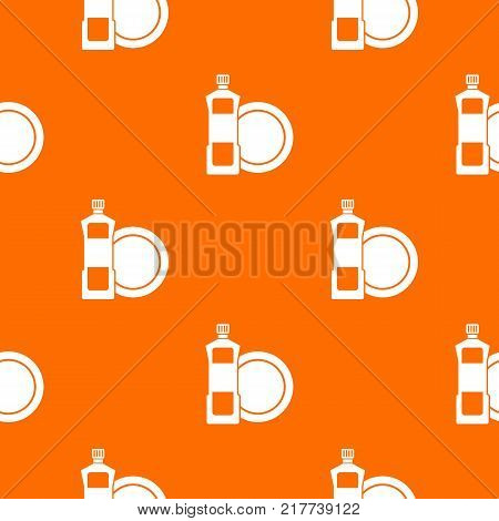 Dishwashing liquid detergent and dish pattern repeat seamless in orange color for any design. Vector geometric illustration
