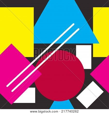 Seamless pattern of bright geometric shapes - square, circle, triangle, line. Background in  retro style 80s, 70s. Stock vector